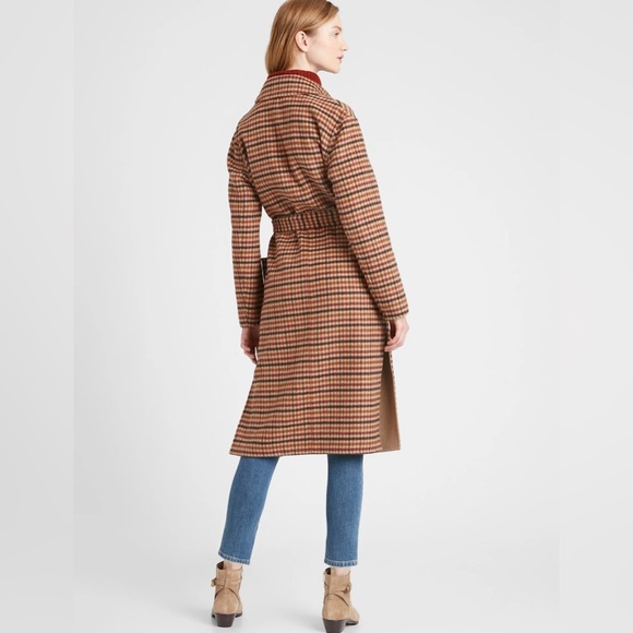 NWT Banana Republic Reversible Coat: Brown Plaid & Camel, Open, Tie Belt, Large - Picture 2 of 16